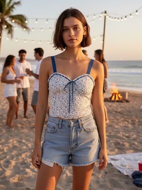 Blue Floral Corset Top Tie Front Cottagecore Milkmaid Cropped Tank Medium